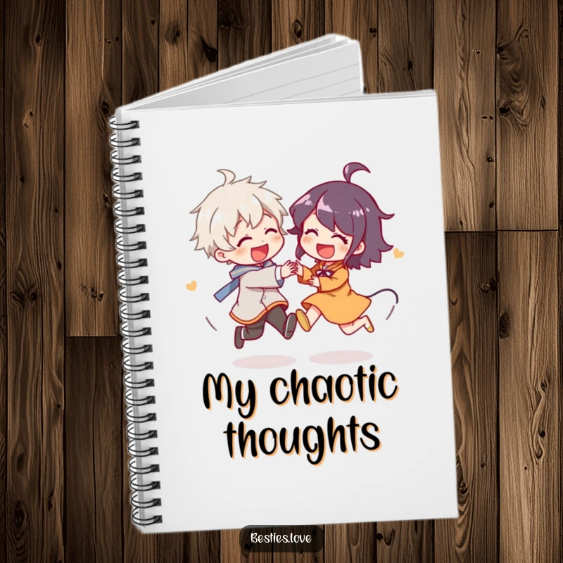 Funny Notebook with a design of two characters joyfully chasing each other in circles, giggling, inspiring creative thoughts and playful note-taking.