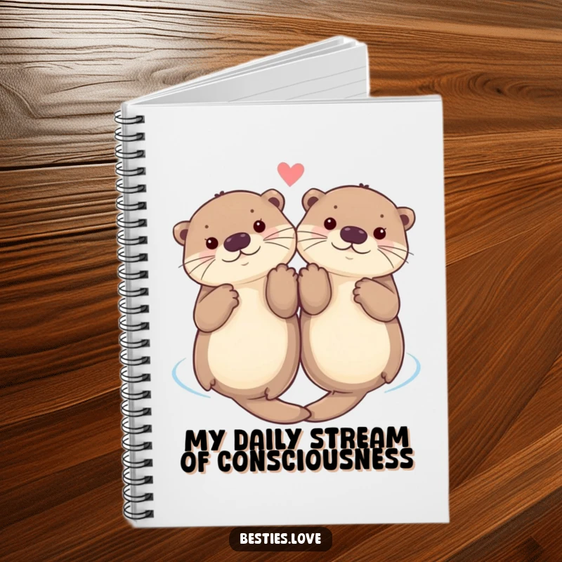 Funny notebook design with two cute otters floating on their backs, holding paws, inspiring creative writing and joyful note-taking.