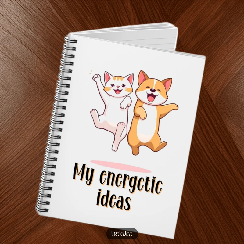 Funny notebook featuring a cat and dog jumping high, kicking legs excitedly, perfect for jotting notes with playful pet charm.