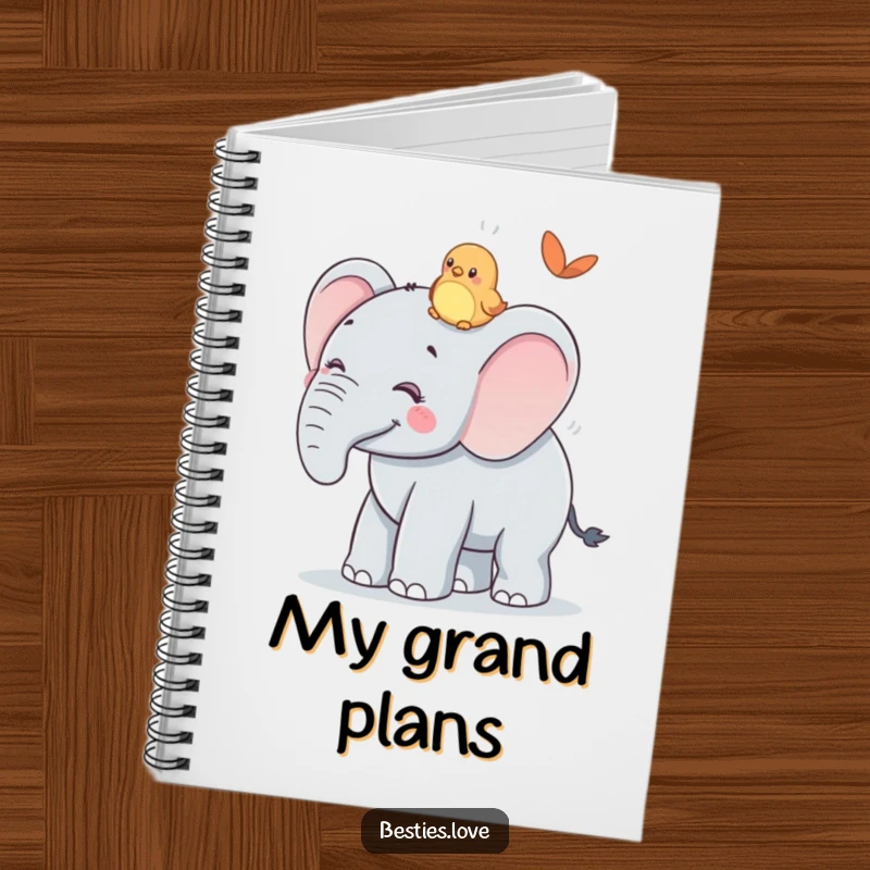 Funny Notebook: A smiling elephant offering a ride to a tiny bird friend, perfect for jotting down kind thoughts and plans.