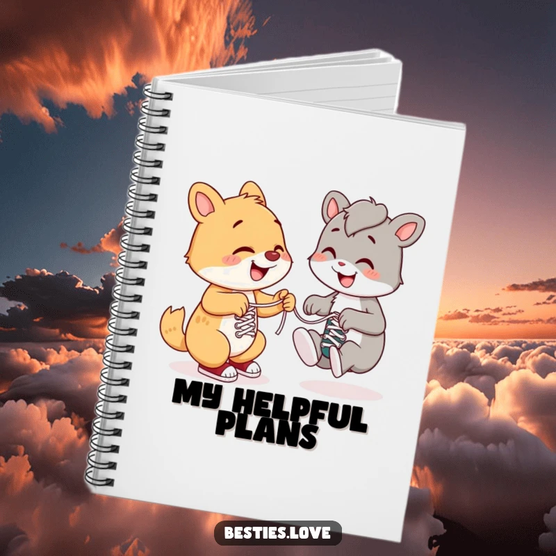 Funny notebook illustrated with a happy animal helping another tie its shoelaces, perfect for notes, journaling, and spreading kindness.