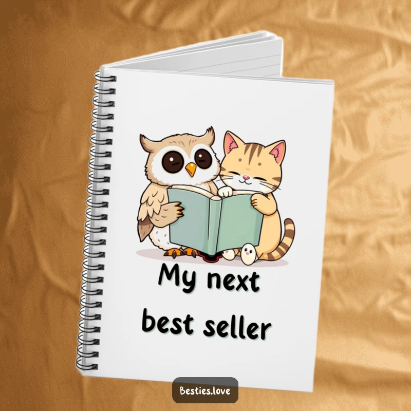 Funny notebook design with a happy owl and a sleepy cat smiling while sharing a huge book, inspiring creative writing and note-taking.