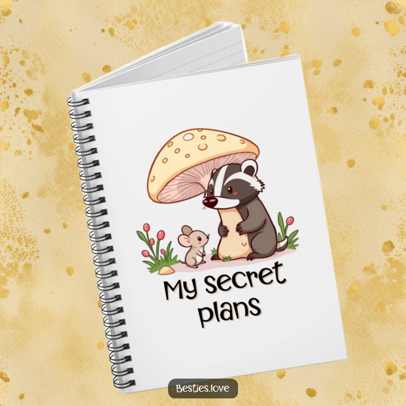 Funny notebook featuring a shy mouse peeking from under a mushroom at a proud badger, perfect for jotting notes with forest flair.