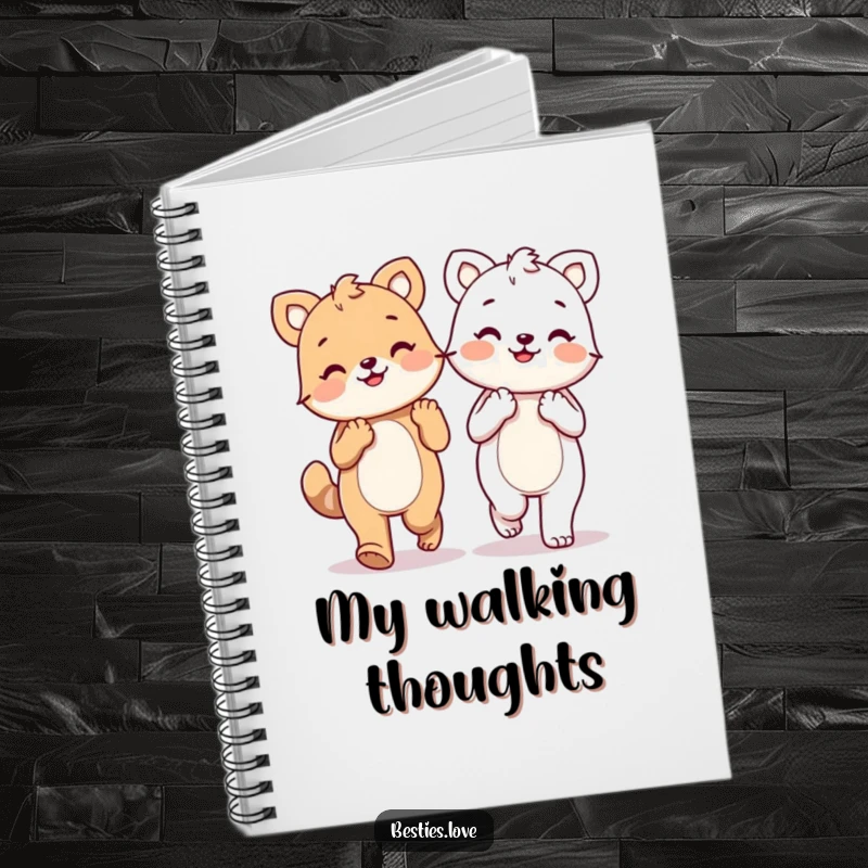 Funny kawaii animals holding paws and walking happily, a lined notebook for writing and drawing, cheerful gift.