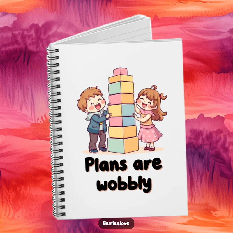 Funny notebook showing best friends concentrating on building a tall, unstable block tower, ideal for notes, sketches, and plans.