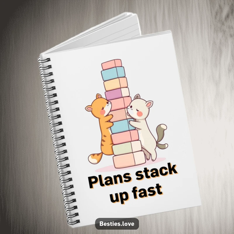 Funny bestie notebook, two animal characters building a ridiculously tall tower of blocks together, ideal for notes.