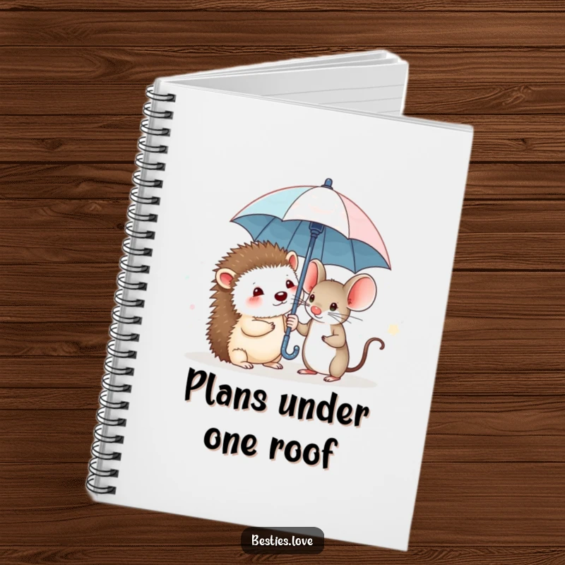 Funny notebook design with a shy hedgehog and a brave mouse sharing a tiny umbrella, encouraging notes on courage and friendship.