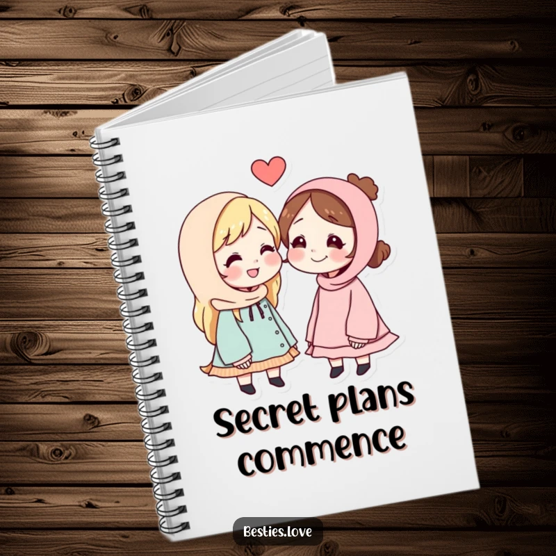 Funny notebook with an illustration of best friends whispering secrets to each other, ideal for notes, diaries, and private thoughts.
