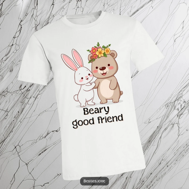 Funny t-shirt with a cute bunny giving a silly flower crown to a smiling bear, celebrating friendship and adorable moments.