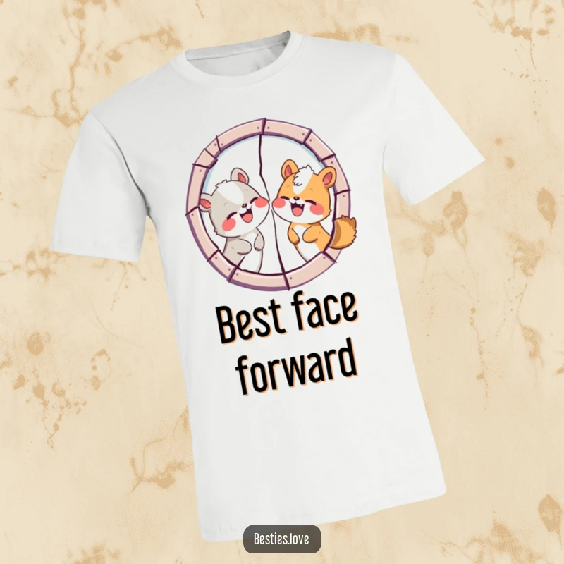 Funny Animal Friends T-Shirt: Two friends humorously swapping silly faces in a cracked mirror, embodying shared joy and lightheartedness.