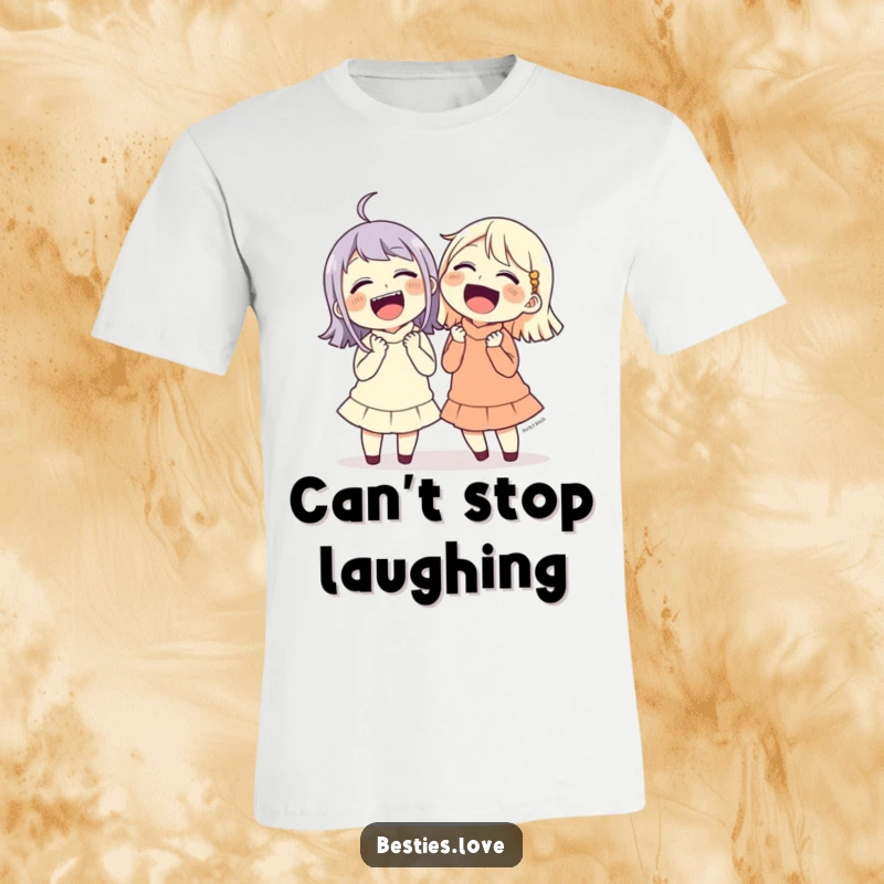 Funny friends caught in mid-laugh, holding their stomachs, a hilarious and relatable design on a t-shirt.