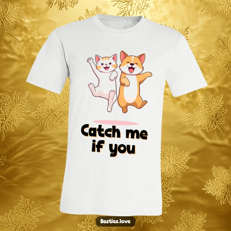 Funny t-shirt featuring a cat and dog leaping joyfully, kicking their legs in a playful dance, celebrating animal exuberance.