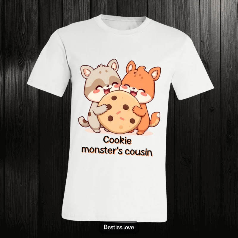 Funny t-shirt featuring two happy animal buddies gleefully sharing an enormous cookie, highlighting their close bond and love for snacks.