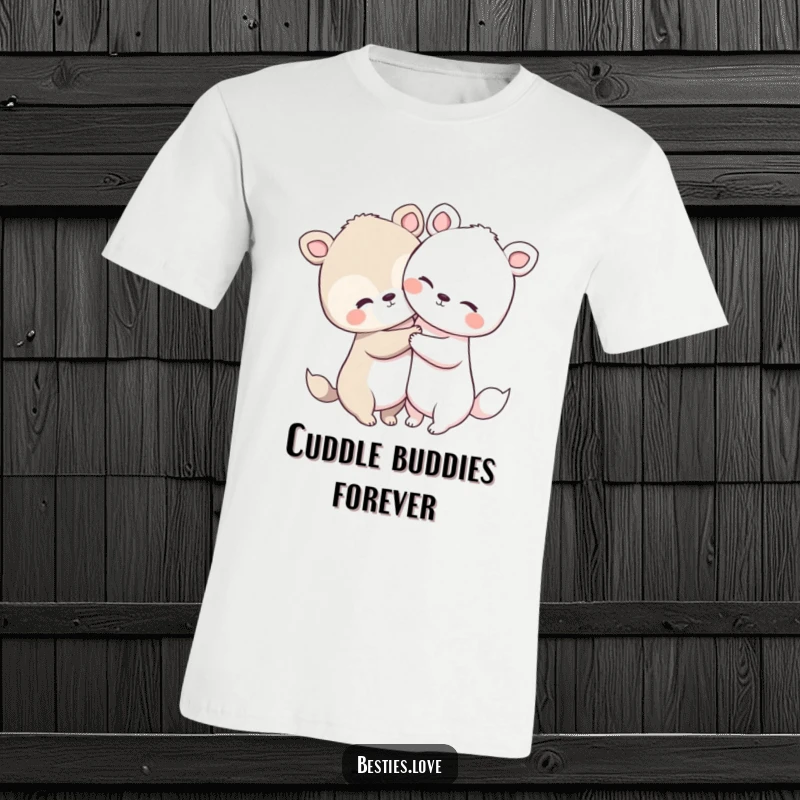 Funny animal hug t-shirt showcasing two cute animals with oversized heads and short limbs sharing a warm, loving embrace.