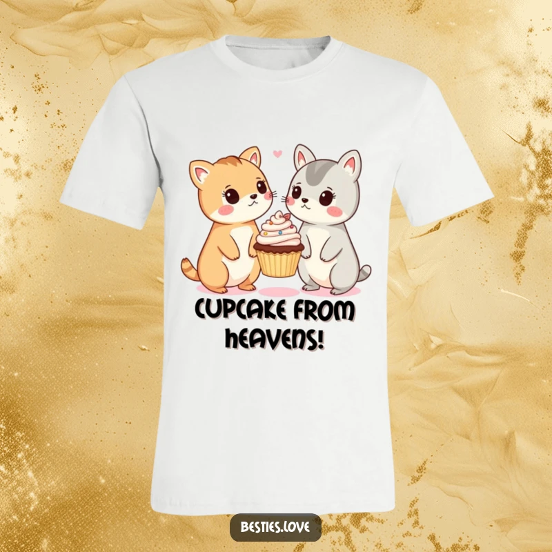 Funny t-shirt showing two adorable animals looking shocked at a tiny cupcake floating magically in the air, very amusing.