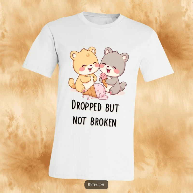 Funny animal pals t-shirt, two cute animals sharing giggles over a dropped ice cream cone, messy and hilarious design.