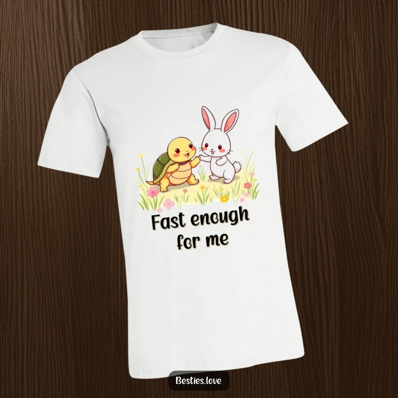 Funny T-Shirt: A shy turtle and an energetic rabbit playing tag in a meadow, a humorous depiction of fast and slow friendship.