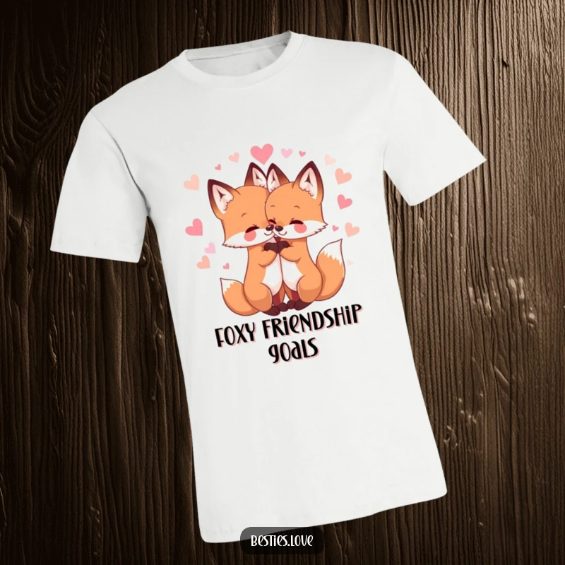 Funny t-shirt showcasing two sweet fox pals in a tight hug, adorned with sparkling hearts, expressing unbreakable bonds and cute animal charm.