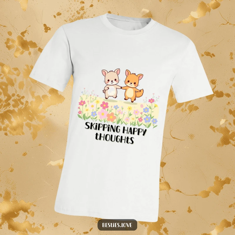 Funny animal friends t-shirt featuring two happy creatures holding hands and skipping playfully amidst a field of vibrant flowers.