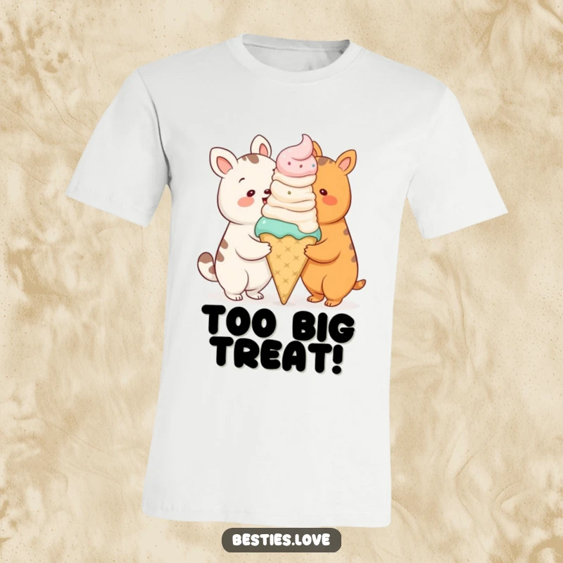 Funny t-shirt with two cartoon animals sharing an enormous ice cream cone, depicting pure joy and deliciousness.