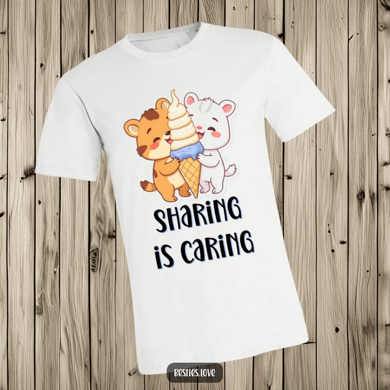 Funny animals sharing a giant ice cream cone with big smiles, a joyful and sweet design on a t-shirt.