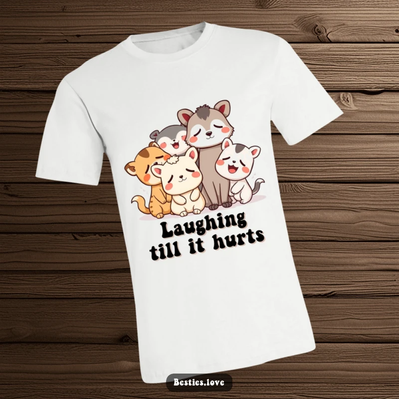 Funny animal t-shirt depicting a group of whimsical friends in fits of laughter, eyes watering from sheer amusement and joy.
