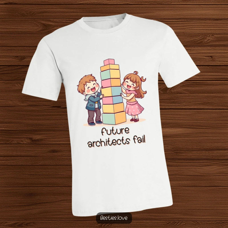 Funny t-shirt featuring joyful best friends giggling while attempting to construct a very tall, unstable tower of blocks side-by-side.