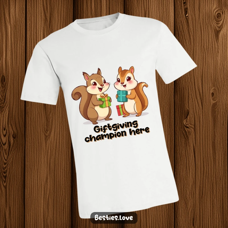 Funny t-shirt showcasing a squirrel and chipmunk best friends gleefully swapping presents, celebrating humor and companionship.