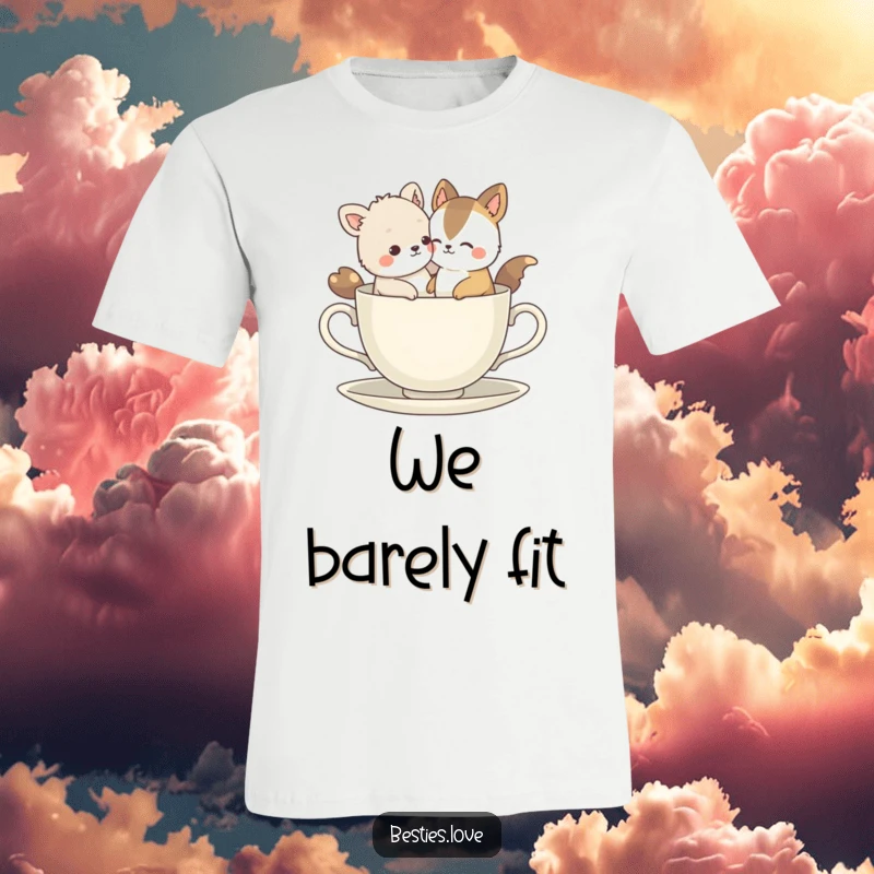 Funny Bestie Animals T-Shirt: Two adorable animals hilariously crammed into a small teacup, embodying playful chaos and close friendship.