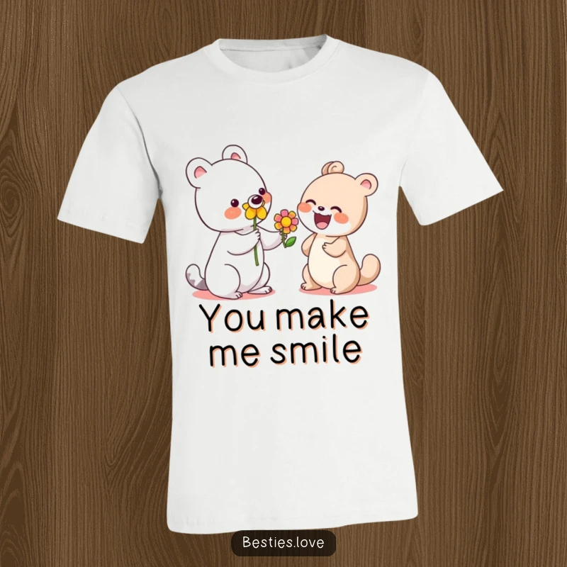 Funny t-shirt depicting a cute animal offering a bright flower to another animal who is laughing joyfully.
