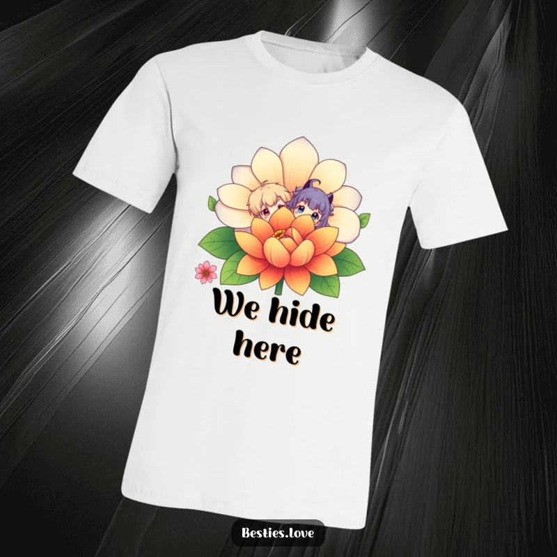 Funny T-Shirt: Two cute characters hide behind a gigantic, vivid flower, peeking out with mischievous grins, perfect for a funny vibe.
