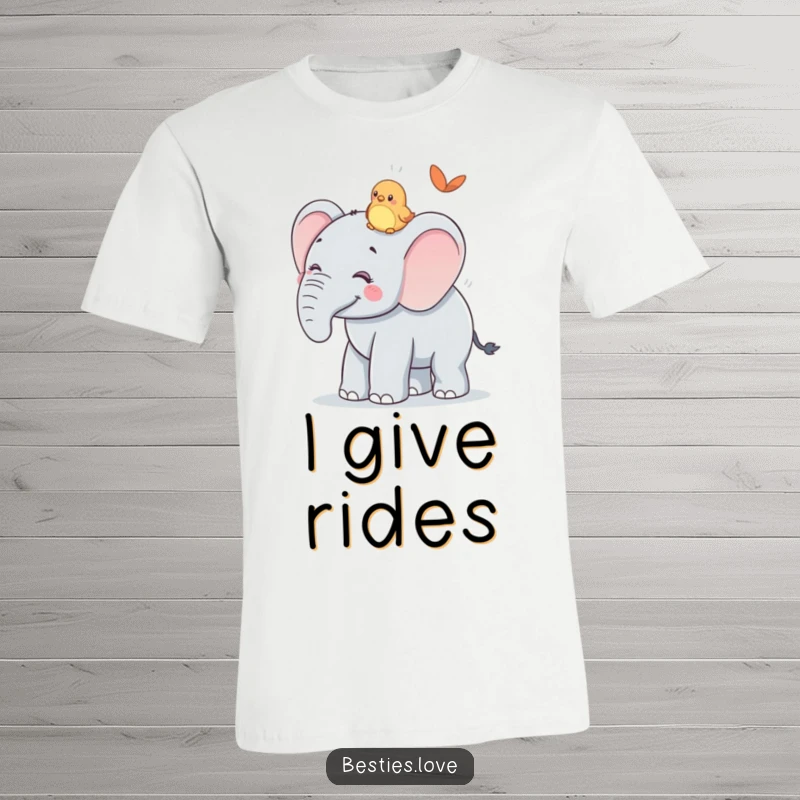 Funny T-Shirt: A smiling elephant giving a tiny bird a ride on its back, a humorous and touching display of support.