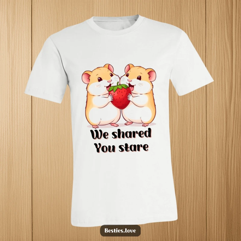 Funny hamster t-shirt showing two cheerful hamsters sharing a single, oversized strawberry with visible delight and affection.