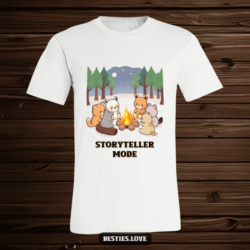 Funny kawaii animal friends around a campfire telling stories, a humorous and cozy t-shirt, great gift.