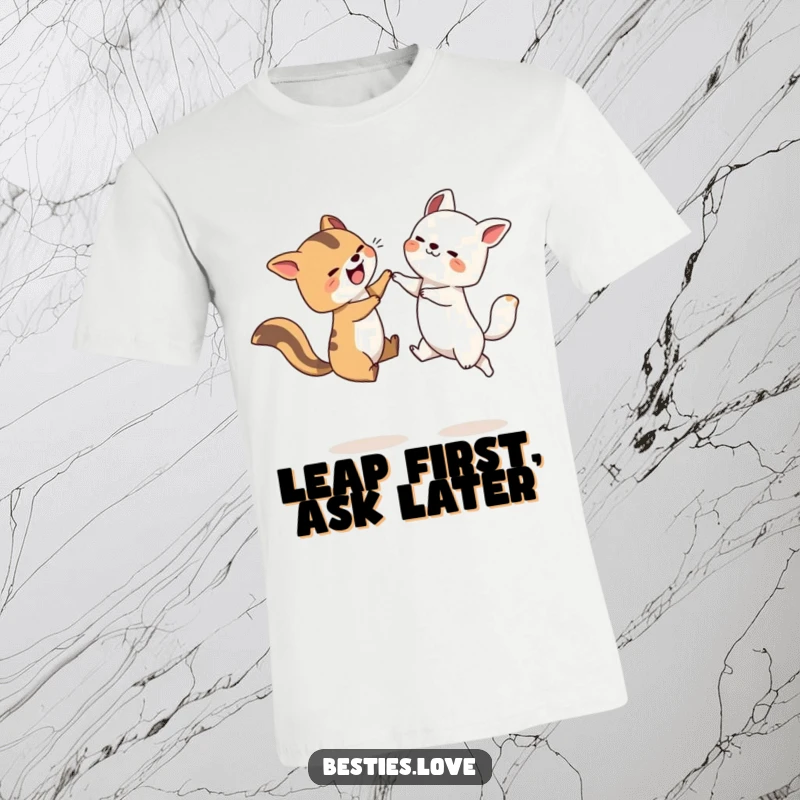 Funny Leapfrog Animals T-Shirt depicting two energetic animals joyfully leaping over each other in a game of leapfrog.