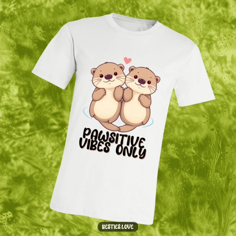 Funny t-shirt design of two cute otters floating on their backs, adorably holding paws, radiating happiness and togetherness in water.