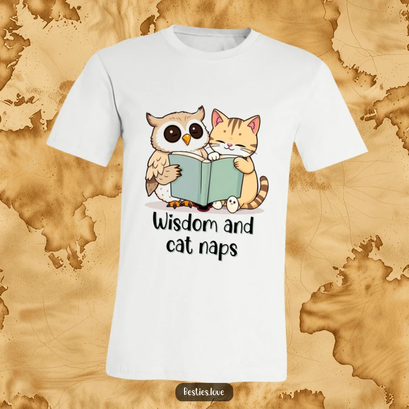 Funny t-shirt depicting a smiling owl and a sleepy cat sharing an oversized book, radiating warmth and a shared love for reading.