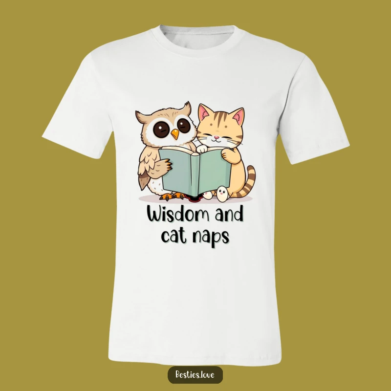 Funny Owl & Cat T-Shirt: Sleepy Cat & Wise Owl Share Big Book