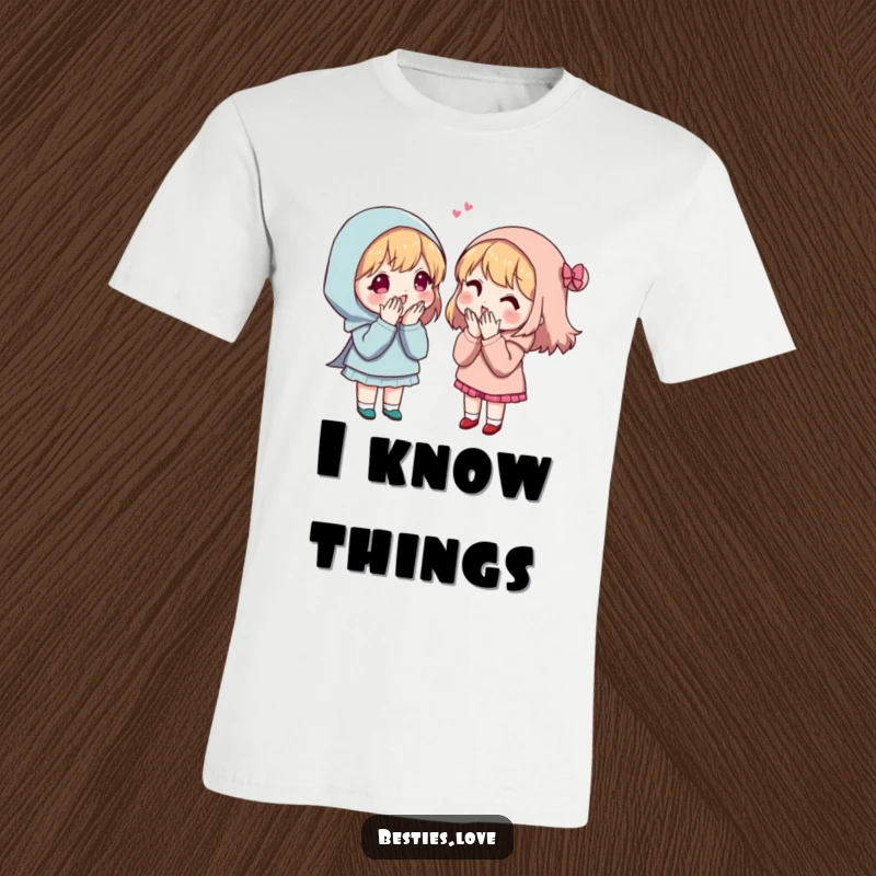 Funny Secret Sharing Friends T-Shirt depicting two friends with wide eyes, dramatically whispering secrets to each other.