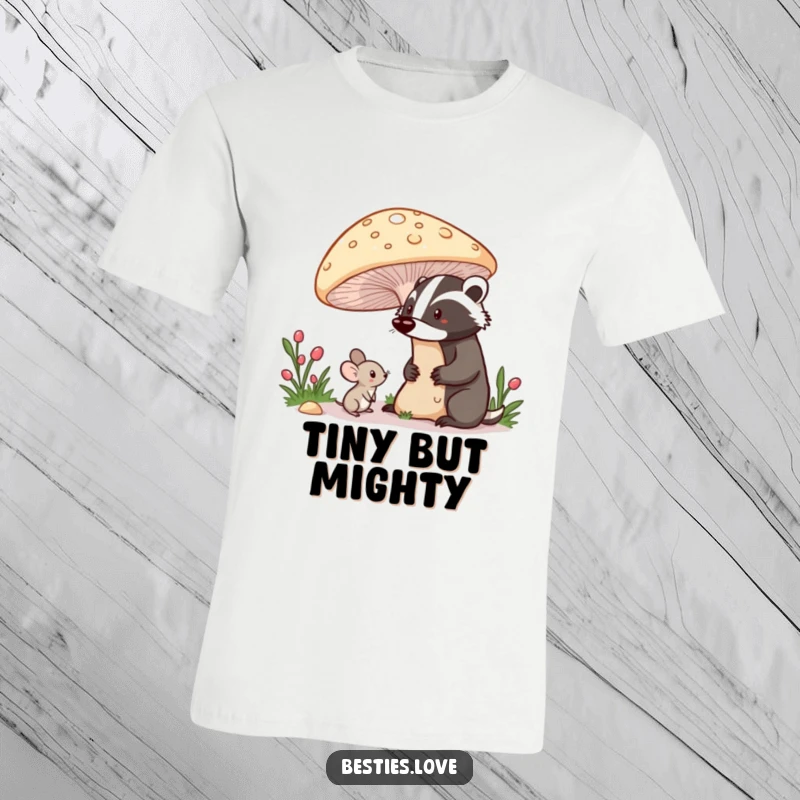 Funny t-shirt showing a shy mouse peeking from under a mushroom at a proud badger, celebrating quiet curiosity and forest friendships.