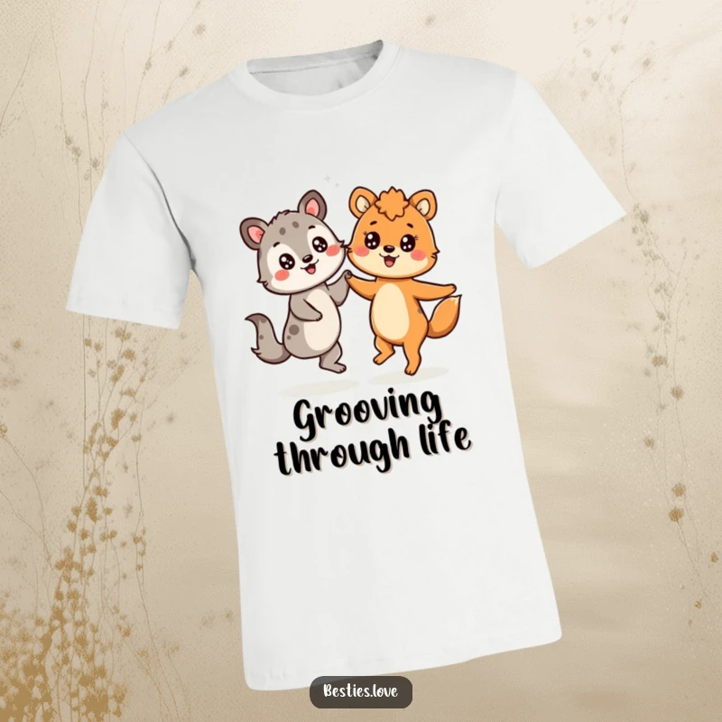 Funny t-shirt featuring two animals dancing with ecstatic, starry-eyed looks, celebrating shared joy and cheerful moments.