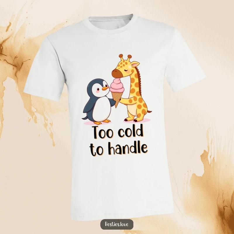 Funny T-Shirt: A giraffe and a penguin sharing a single, oversized ice cream cone, a humorous and delightful illustration.