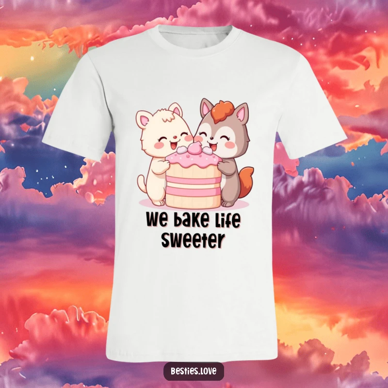 Funny T-Shirt illustrating two animals joyfully sharing a large slice of cake, their faces full of pleased smiles, symbolizing shared happiness and deliciousness.