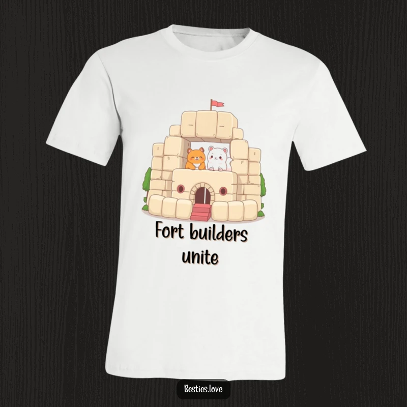 Funny T-Shirt depicting two animals enthusiastically building a grand fort with oversized plush blocks, showcasing their collaborative and playful construction efforts.