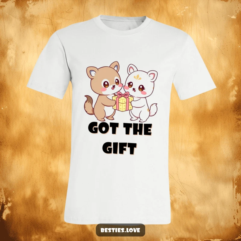 Funny kawaii animals exchanging a birthday gift with excited eyes, a humorous and festive t-shirt, great gift.