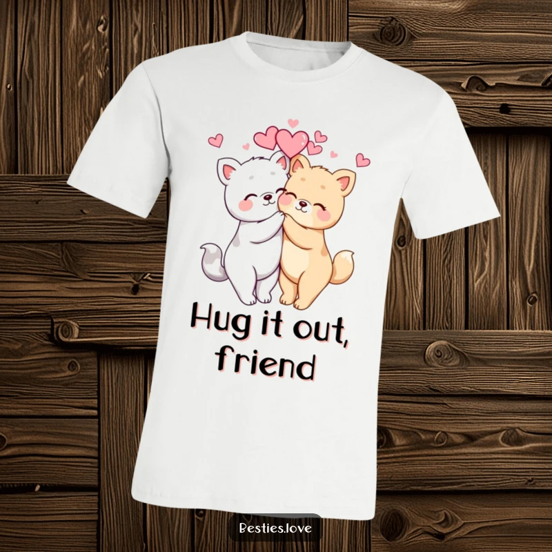 Funny cute kawaii animals in a tight embrace with hearts floating all around, a heartwarming design on a soft t-shirt.