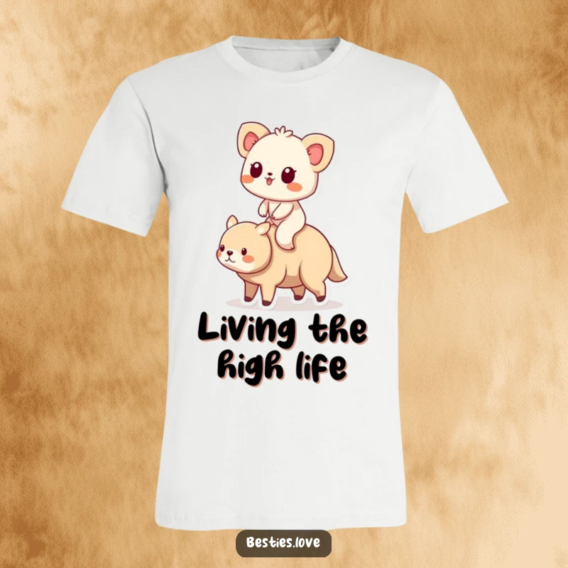 Funny Animal Friends Riding T-Shirt depicting a small animal comfortably riding on the back of its larger, supportive friend.