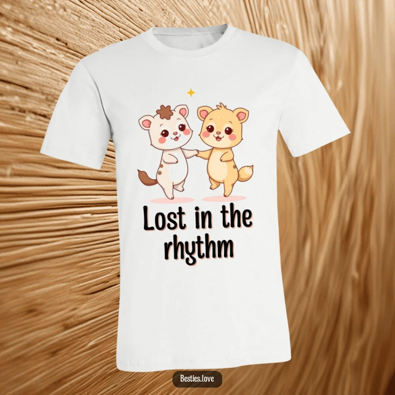 Funny T-Shirt: Two happy animals are dancing together, their eyes sparkling like stars, embodying pure joy and hilarious fun.