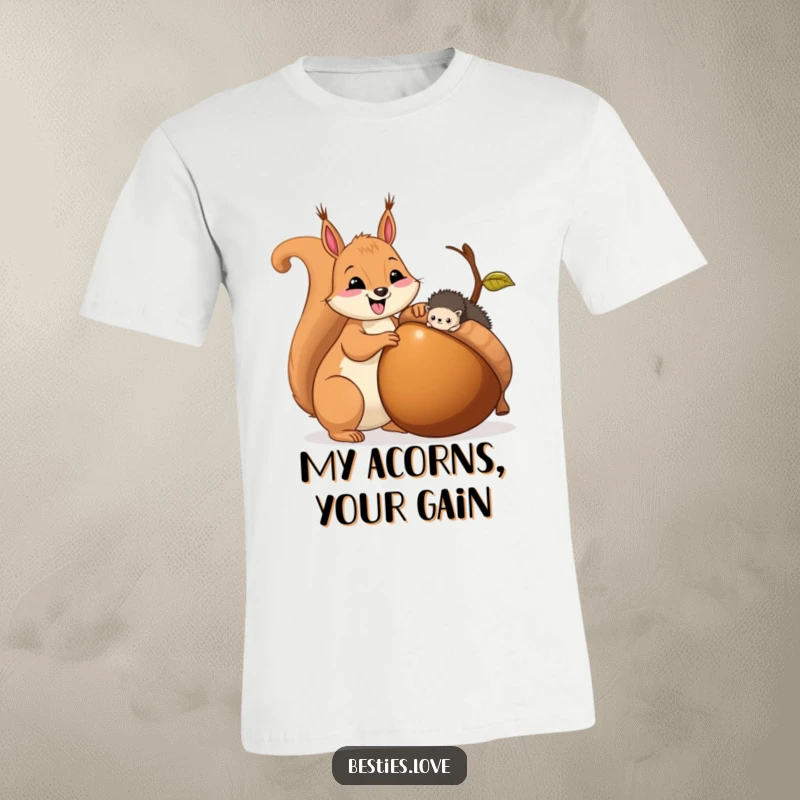 Funny t-shirt showing a happy squirrel sharing a huge acorn with a tiny hedgehog, symbolizing generosity and companionship.