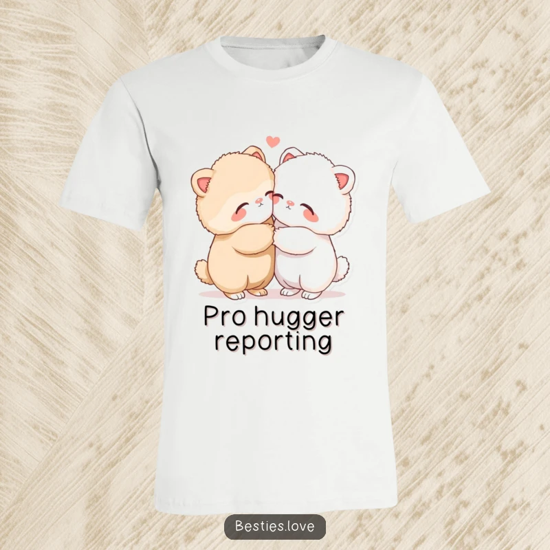Funny t-shirt featuring two soft, fluffy animals locked in a warm, loving hug with eyes closed, symbolizing comfort and friendship.